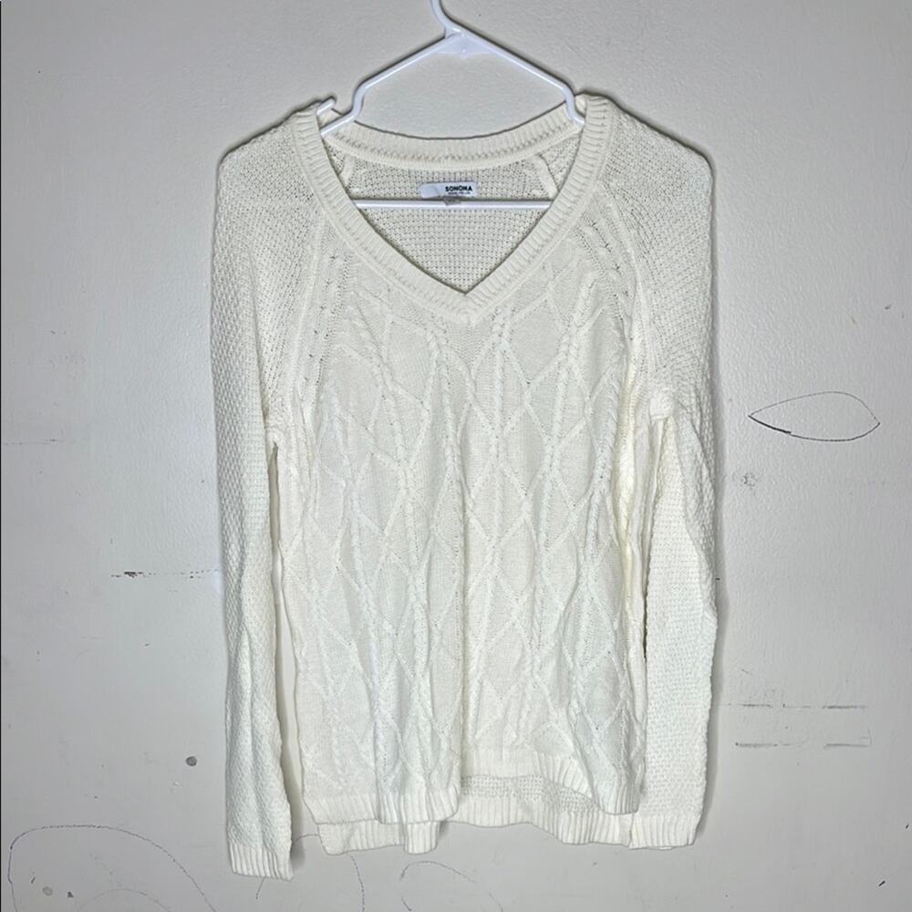 Sonoma Knit V Neck Cream Cotton Blend Sweater Size Small Petite